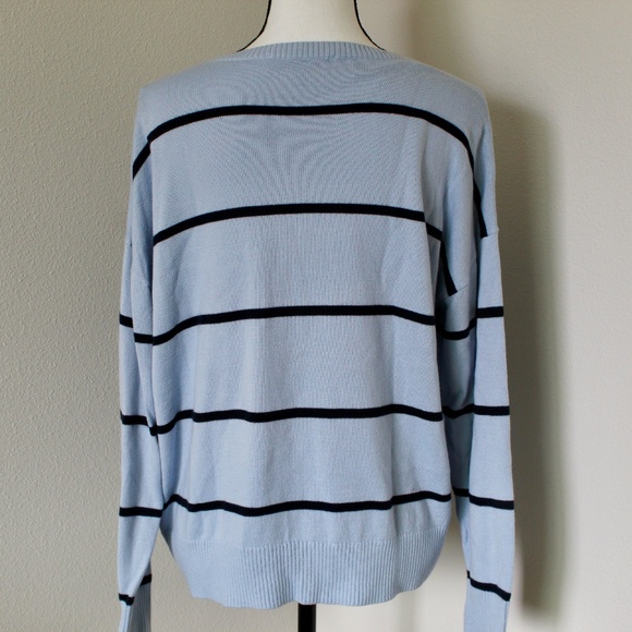 Light Blue Striped Relaxed Fit V-Neck Sweater - Picture 7 of 8